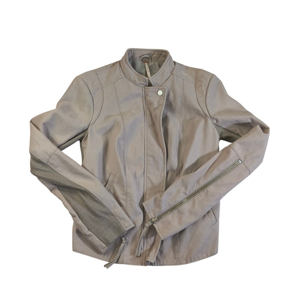 Free People Faux Leather Moto Jacket Taupe Zip Up‎ Modern Boho Chic